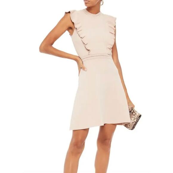 Sandro Dress Tilla Ruffle-Trimmed Embellished Ribbed-Knit Mini In Blush Sz XS/S - Picture 1 of 10